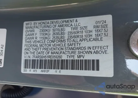 2024 Honda Cr-V Hybrid Sport z USA, uszkodzony, nr VIN 7FARS6H51RE059260